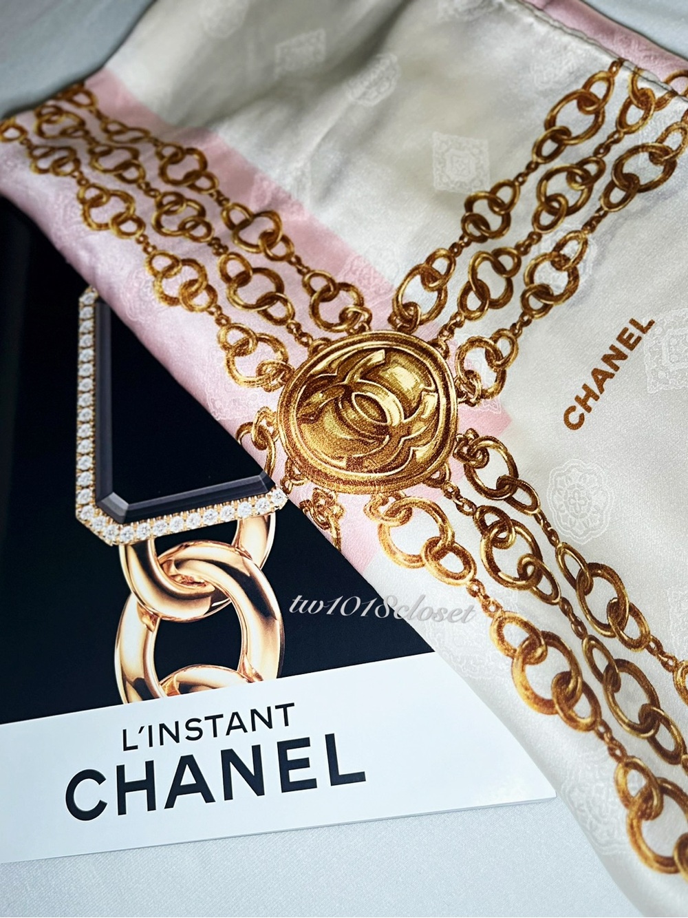 CHANEL Pink, White & Gold Chain- CC Logo Silk Square Scarf